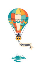 Fototapeta premium Colorful hot air balloon with adventure banner flying over mountains and river.