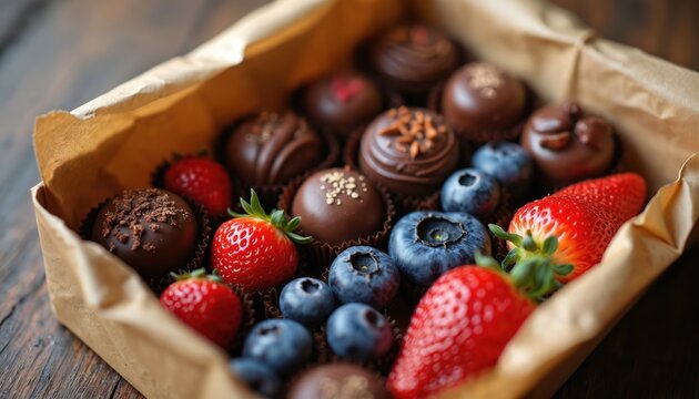 Assorted gourmet chocolates and fresh berries in brown paper box. Chocolate truffles with toppings and strawberries, blueberries on wooden table. Handmade chocolates and fruit mix in craft packaging. - Powered by Adobe