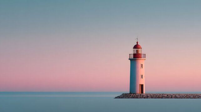 Tall white lighthouse stands on a stone jetty against a pastel sky.