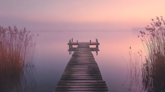 Wooden pier extends into serene lake at misty sunrise with reeds.