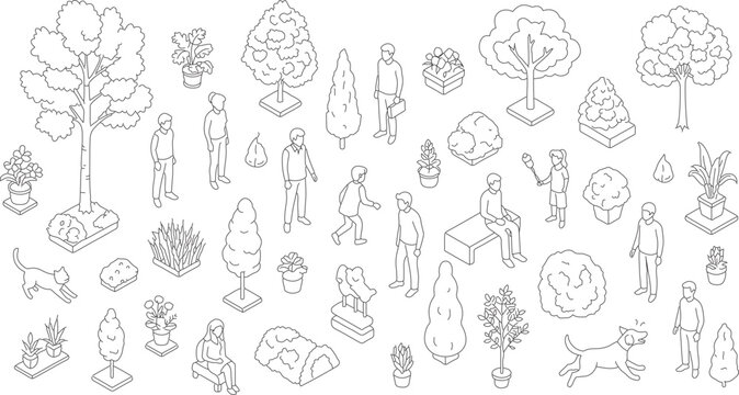 isometric people, plants, and animals with exterior landscape items