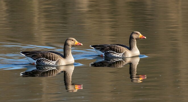 Two greylag geese swimming on a calm lake during daytime