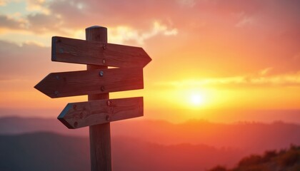 Wooden signpost at sunrise shows multiple directions against vibrant sky. Represents making choices, finding your path, and new beginnings on a journey.