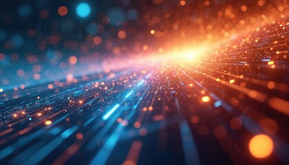 Abstract glowing lights in blue, orange hues streak across dark background creating sense of rapid motion, digital data transfer. Futuristic data streams flow like energy, representing tech