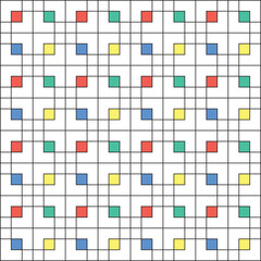 Grid of black squares on a white background, with small squares coloured in deep coral, aqua green, yellow and blue