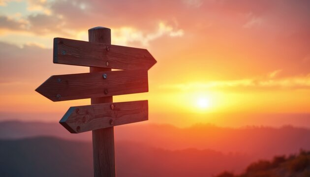 Wooden signpost at sunrise shows multiple directions against vibrant sky. Represents making choices, finding your path, and new beginnings on a journey.