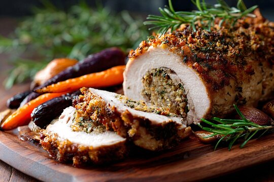 Sliced roast pork loin filled with savory stuffing and fresh herbs Generative AI