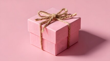 Pink gift box with twine bow rests on a soft pink background.
