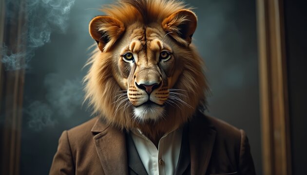 Sophisticated lion wearing a brown suit and white shirt, exhales smoke. Confident anthropomorphic animal exudes charisma and power. This portrait suggests leadership and wild nature.