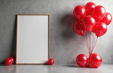 Blank frame stands with vibrant red balloons. Festive mood for party, event. Mockup poster on concrete wall. Birthday celebration with decoration elements. Empty photo template for design invitation
