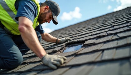 Roofing worker in safety vest inspects roof damage. Man in gloves checks shingles for storm damage. Worker crawls on roof to find leak source. Repairman investigates roof condition.