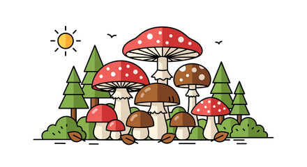 Fototapeta premium A collection of various mushrooms growing in a forest setting with trees and bushes under a sunny sky.