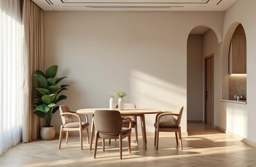Modern dining area interior with neutral colors. Room features wooden table four chairs and large plant. Empty wall offers copy space. Natural light streams through curtains.