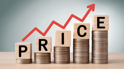 Rising prices and inflation are depicted by stacked coins and arrow showing the cost increasing
