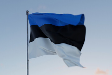 Estonia national flag waving in the wind against a clear blue sky, symbolizing freedom, heritage, and pride. Patriotic concept. Travel, creative idea. Politics and Ethnicity