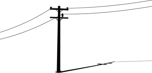 Minimalist silhouette of utility pole with three power lines casting long shadow on plain white background, simple vector illustration design