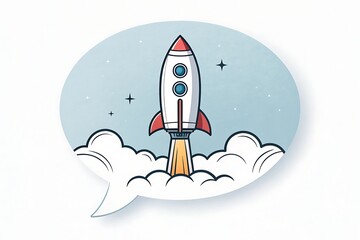 Naklejka premium Retro cartoon rocket ship blasting off into space with fiery exhaust and clouds