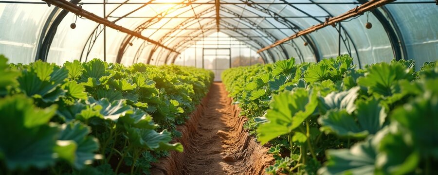 Rows of green plants grow in a sunny greenhouse. The agricultural tunnel provides a controlled environment for healthy crop development and abundant fresh produce. - Powered by Adobe