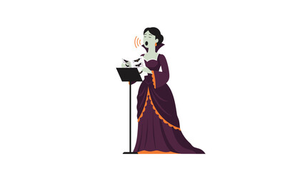 Cartoon vampire woman singing opera from bat music stand ideal for Halloween concepts