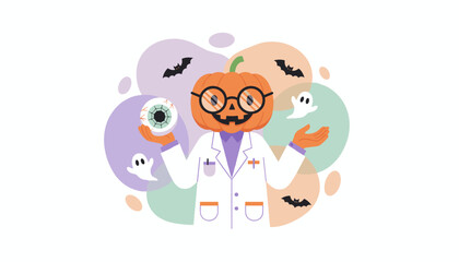 Happy Halloween pumpkin scientist with glasses holding an eyeball surrounded by ghosts and bats