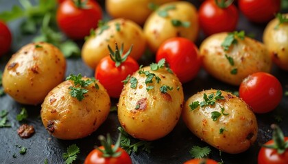 Roasted baby potatoes seasoned with herbs and spices alongside fresh cherry tomatoes. This delicious dish is perfect for a side or main course. Served on dark slate.