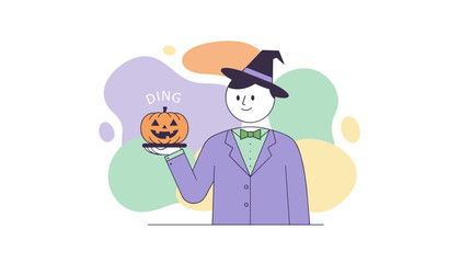 Man in witch hat holds a jackolantern on a tray signaling Halloween fun