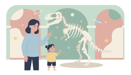 Mother and daughter exploring a dinosaur exhibit learning about science and history © House of Vector