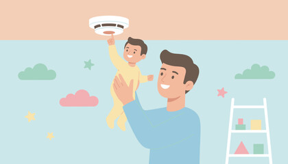 Father holds baby to test smoke detector promoting home safety and family care © House of Vector