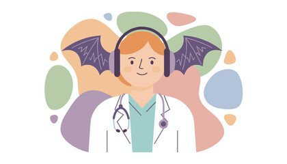 Friendly doctor wearing headphones with bat wings and stethoscope Healthcare audio and wellness concept