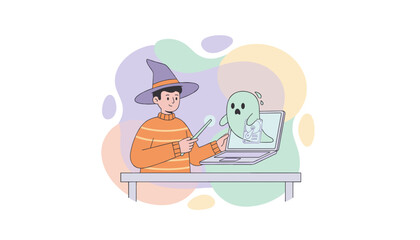 Wizard magically solves laptop data issues symbolizing digital recovery cyber threat or IT support