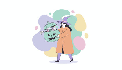 Happy witch holding a pumpkin bucket filled with candy and papers celebrating knowledge and Halloween