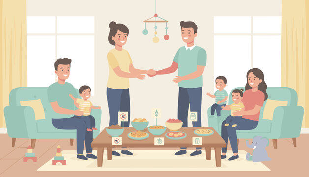 Happy families and children enjoying snacks with dietary awareness at a friendly home gathering