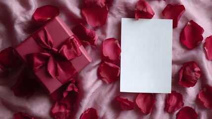 A romantic still life composition featuring a gift box scattered rose petals and a blank card on a soft pink textured background