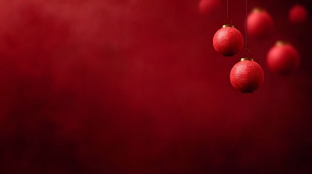 A cluster of traditional red lanterns hangs against a rich dark red textured background creating a festive and elegant atmosphere