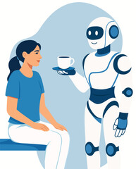 A friendly robot offers a cup of coffee to a smiling woman. Artificial intelligence in everyday life, service robots, smart home technologies. For educational purposes, articles, and presentations