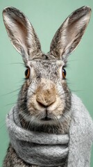 Obraz premium Rabbit wearing a gray scarf poses against a light green background in a close-up shot