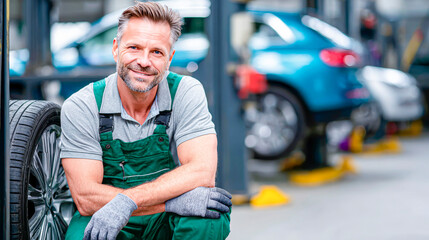 An experienced auto mechanic at a wheel, preparing a place for changing tires.