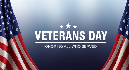 Patriotic Veterans Day tribute background with waving American flags, a design for honoring all armed forces personnel on November 11th