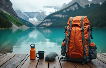 Orange backpack on wooden dock by calm lake with mountains. Travel gear with water bottle and coffee mug. Hiking adventure in nature with serene landscape.