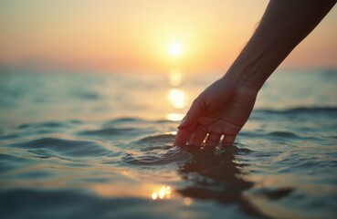 Human hand gently touches calm ocean water at beautiful golden sunset. Sun reflects on soft ripples. Person connects with nature, finds peace, freedom, tranquility in evening light. Inspiring