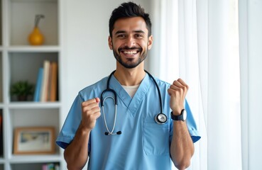 Happy young male doctor smiles broadly, raises fists in triumph. Confident medic wears blue scrubs, stethoscope. Successful nurse medical student celebrates big achievement in bright modern hospital