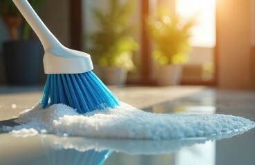 Close up cleaning floor using blue brush. White foam detergent on surface. House cleaning, housekeeping concept. Pro cleanup service. Domestic hygiene. Tool for home cleaning. Cleaning equipment