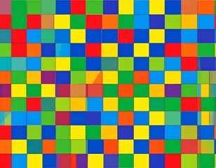 An abstract mosaic design featuring a colorful, geometric grid of various square blocks arranged in a seemingly random pattern