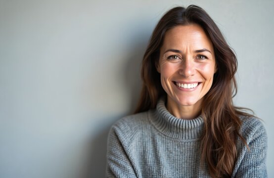 Happy middle aged woman smiles wears gray sweater against gray background. Attractive female with long brown hair looks at camera showing teeth. Portrait of cheerful person.
