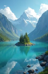 Small island with pine trees in calm turquoise lake surrounded by mountains, forest. Snow-capped peak in background under blue sky with white clouds. Rocky shoreline, clear water reflecting scenery.