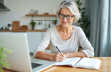Mature woman in glasses studies online using laptop, writes notes in notebook. She is focused and works at home. Education concept. Old lady learns remotely.