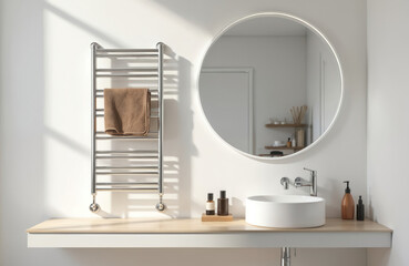 Modern bathroom vanity with white basin sink and chrome heated towel rack. Clean white walls and wood countertop with cosmetic bottles reflect sunlight.
