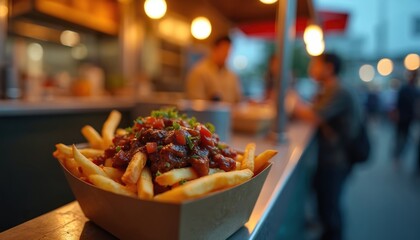 Delicious loaded fries topped with Korean BBQ beef served in takeout box on food truck counter. Street food photography, savory snack with blurred people background.