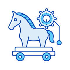 Vintage horse toy on wheels with a mechanical gear, playful design in blue tones