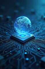Illustration visualizes tech concept. Globe hovers above processor with circuits. Digital world communication global network. Internet tech connection concept. Futuristic design.